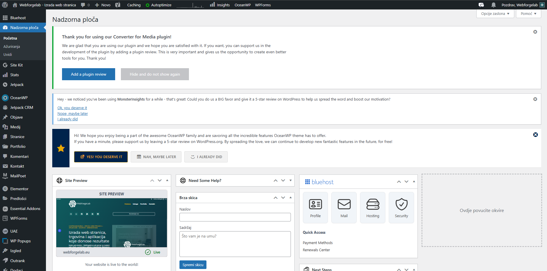 Administrativno sučelje wordpress stranice webforgelab.eu